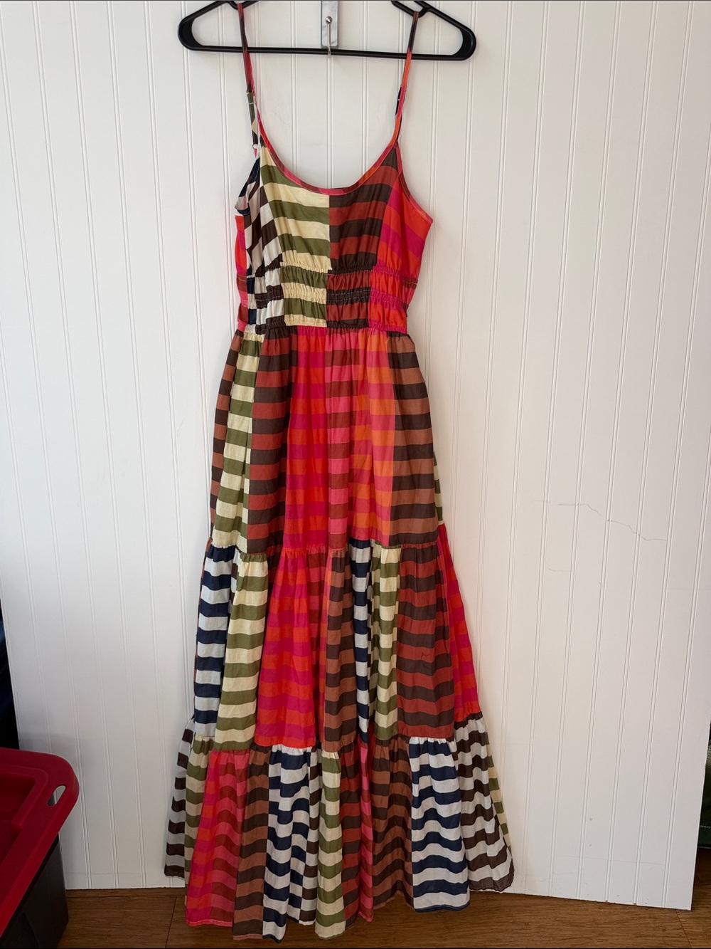 (021)Hutch Multicolor Striped Tiered Maxi Dress Smocked Cotton Boho Small